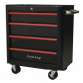 Rollcab 4 Drawer Retro Style- Black with Red Anodised Drawer Pulls AP28204BR