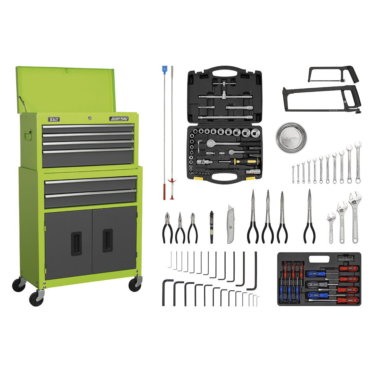 6 Drawer Topchest & Rollcab Combination with Ball-Bearing Slides - Hi-Vis Green/Grey & 170pc Tool Kit AP2200COMBOHV