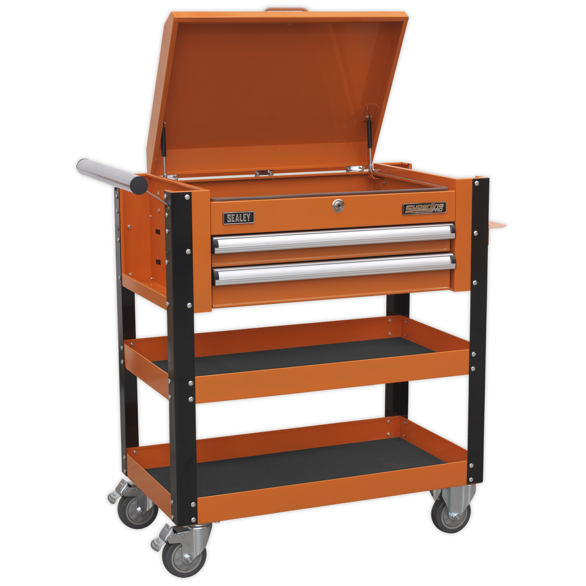 Heavy-Duty Mobile Tool & Parts Trolley 2 Drawers & Lockable Top - Orange AP760MO