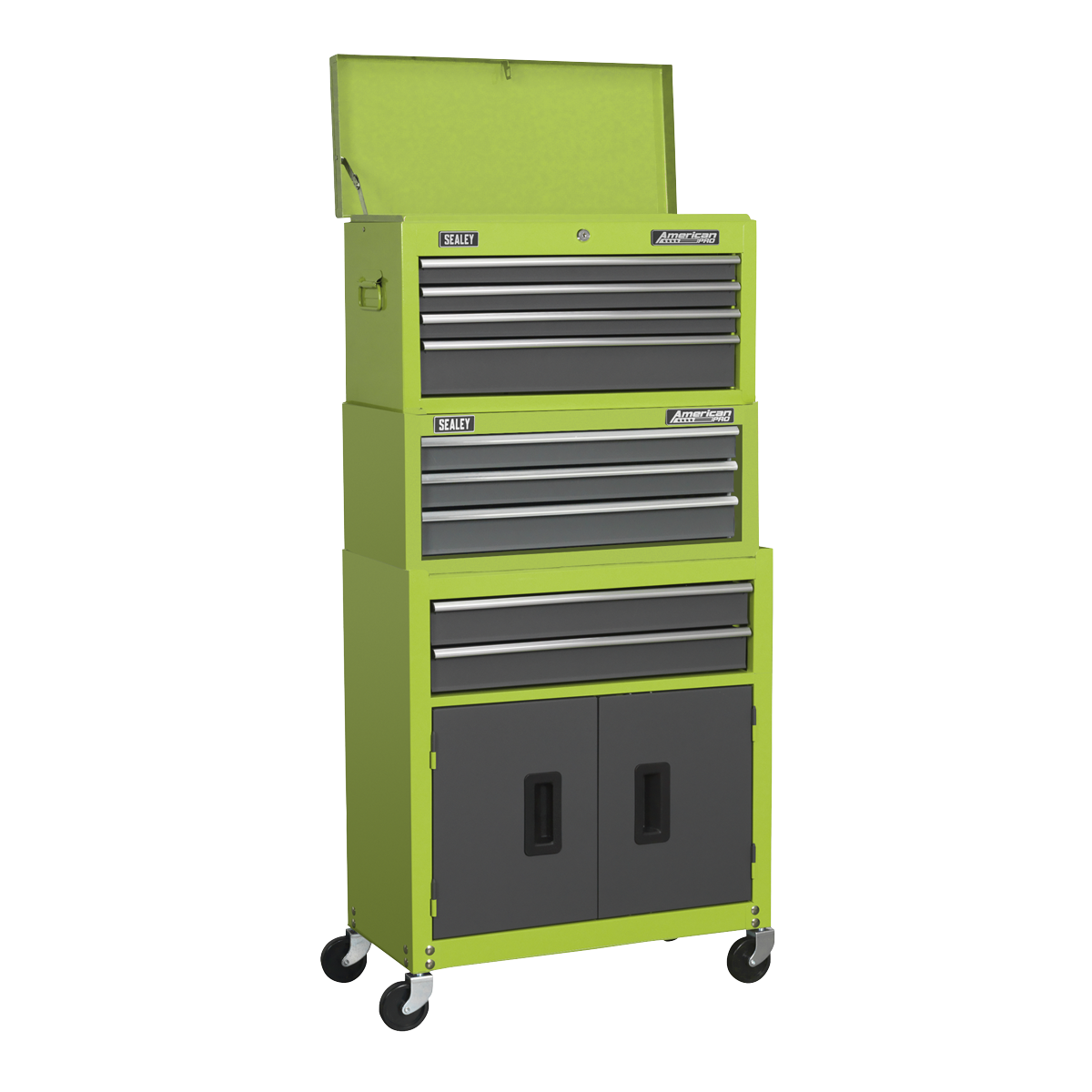 Topchest, Mid-Box & Rollcab 9 Drawer Stack - Hi-Vis Green AP2200BBHVSTACK