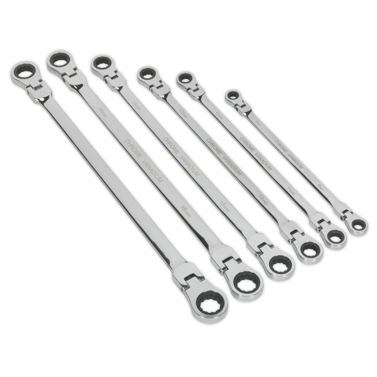 Flexi-Head Double End Ratchet Ring Spanner Set 6pc Extra-Long Metric AK63832