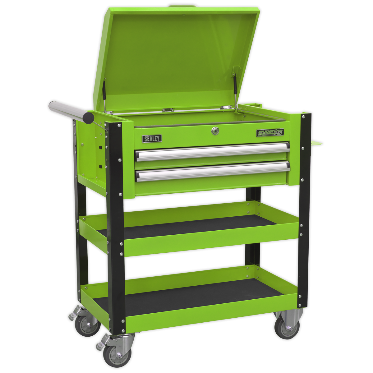 Heavy-Duty Mobile Tool & Parts Trolley 2 Drawers & Lockable Top - Hi-Vis Green AP760MHV