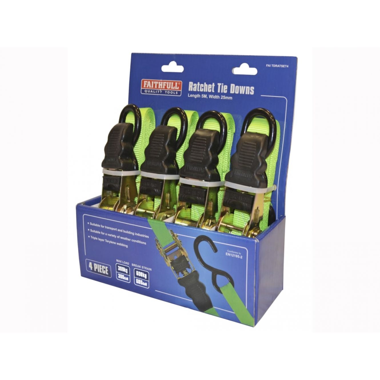 Ratchet Tie-Downs 5m x 25mm Green 4 Piece FAITDRATSET4