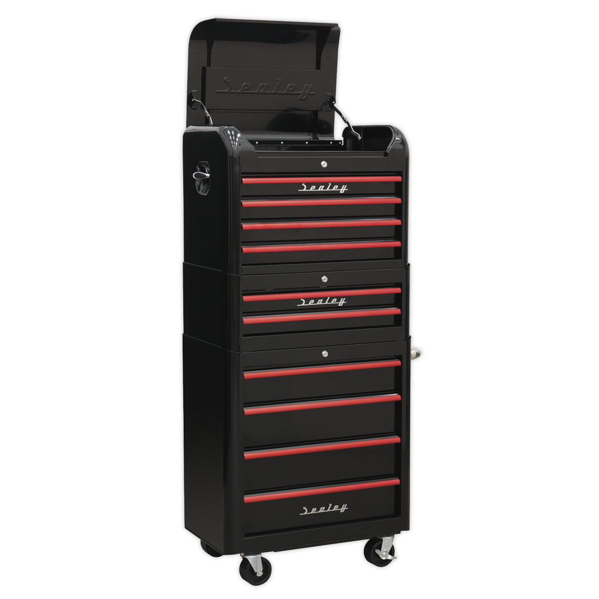 Retro Style Topchest, Mid-Box & Rollcab Combination 10 Drawer - Black with Red Anodised Drawer Pulls AP28COMBO2BR