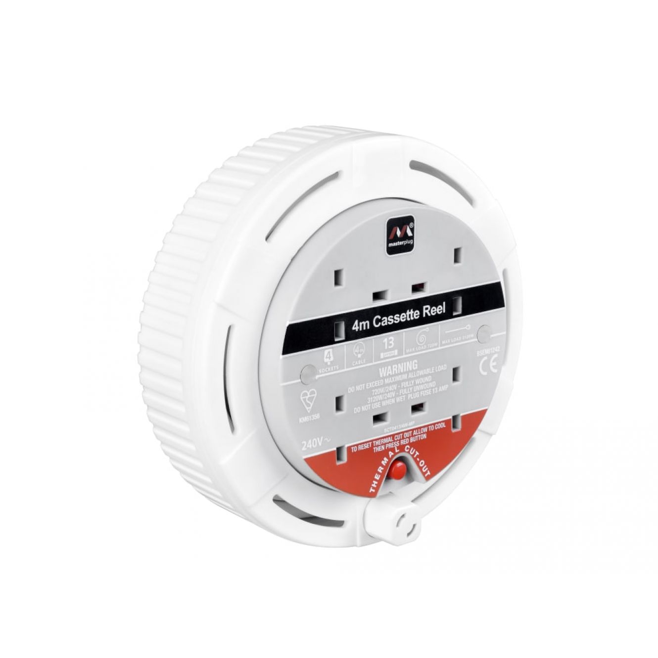 Cassette Cable Reel 240V 13A 4-Socket Thermal Cut-Out White 4m MSTSCT04134W