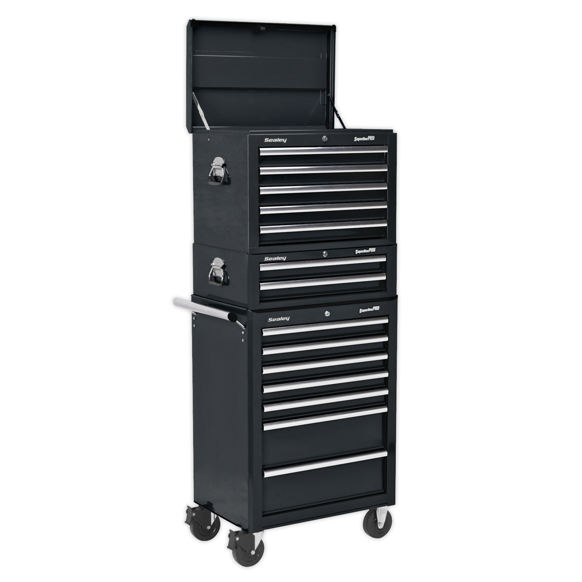 Topchest, Mid-Box & Rollcab Combination 14 Drawer with Ball-Bearing Slides - Black APSTACKTB