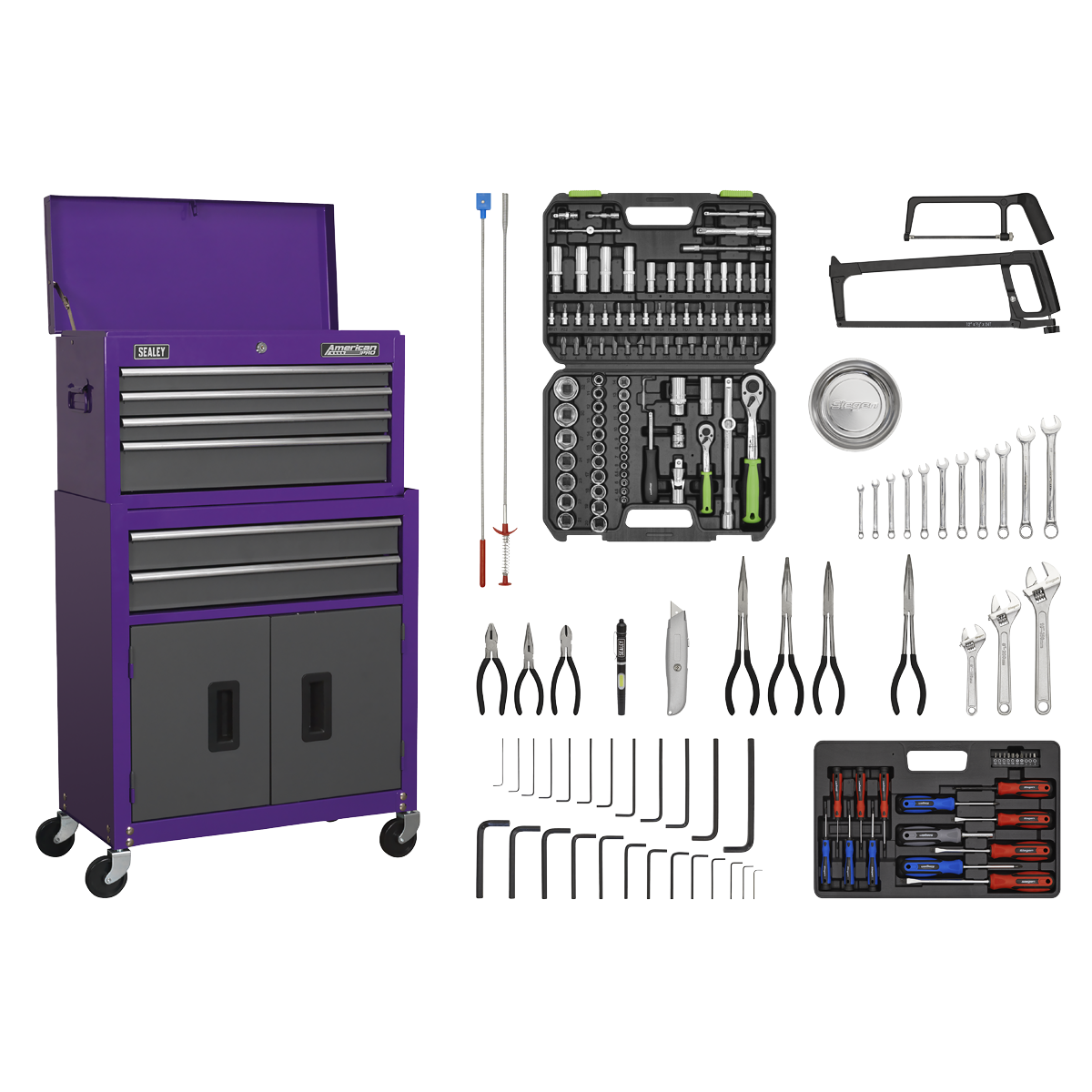 Topchest & Rollcab Combination 6 Drawer with Ball-Bearing Slides - Purple/Grey & 170pc Tool Kit AP2200COMBOCP