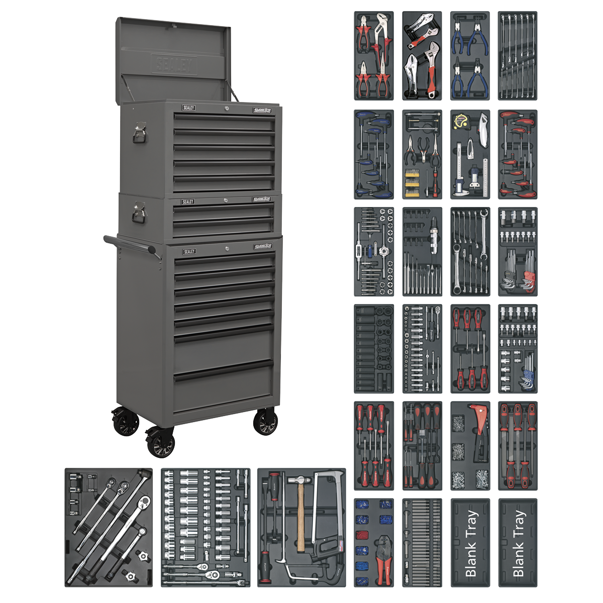 Tool Chest Combination 14 Drawer with Ball-Bearing Slides - Grey & 1179pc Tool Kit SPTGRCOMBO1