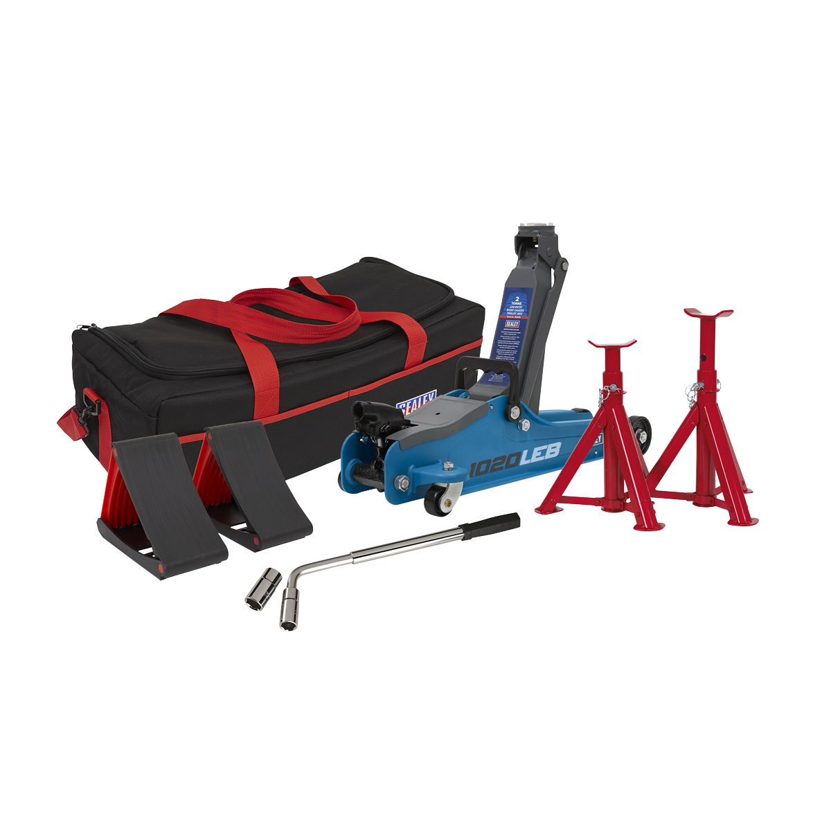 Trolley Jack 2 Tonne Low Entry Short Chassis & Accessories Bag Combo - Blue 1020LEBBAGCOMBO