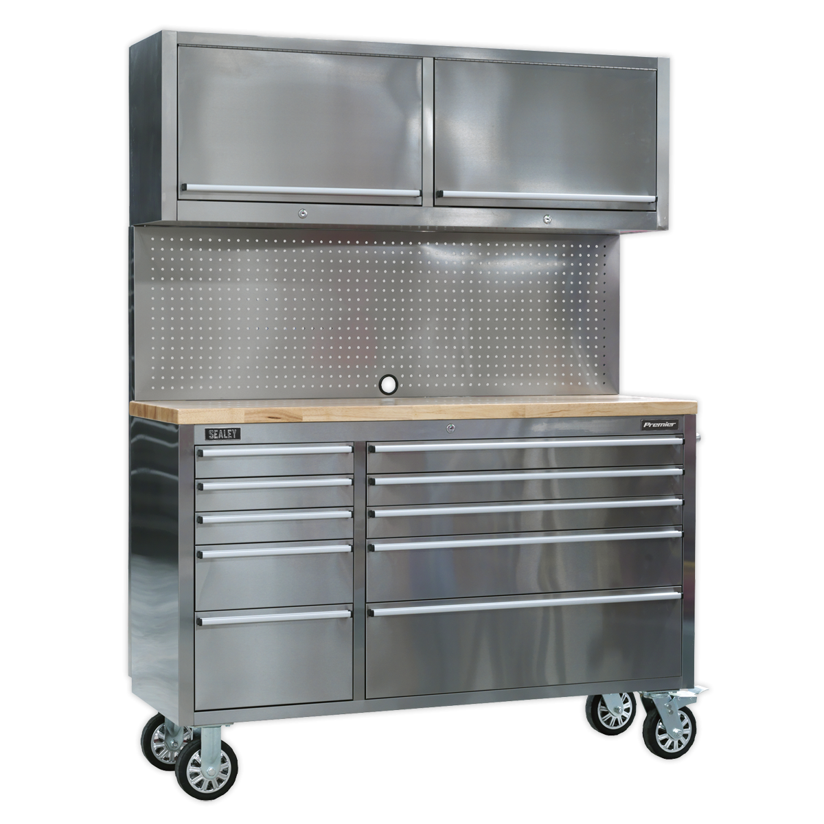 Mobile Stainless Steel Tool Cabinet 10 Drawer with Backboard & 2 Wall Cupboards AP5520SS