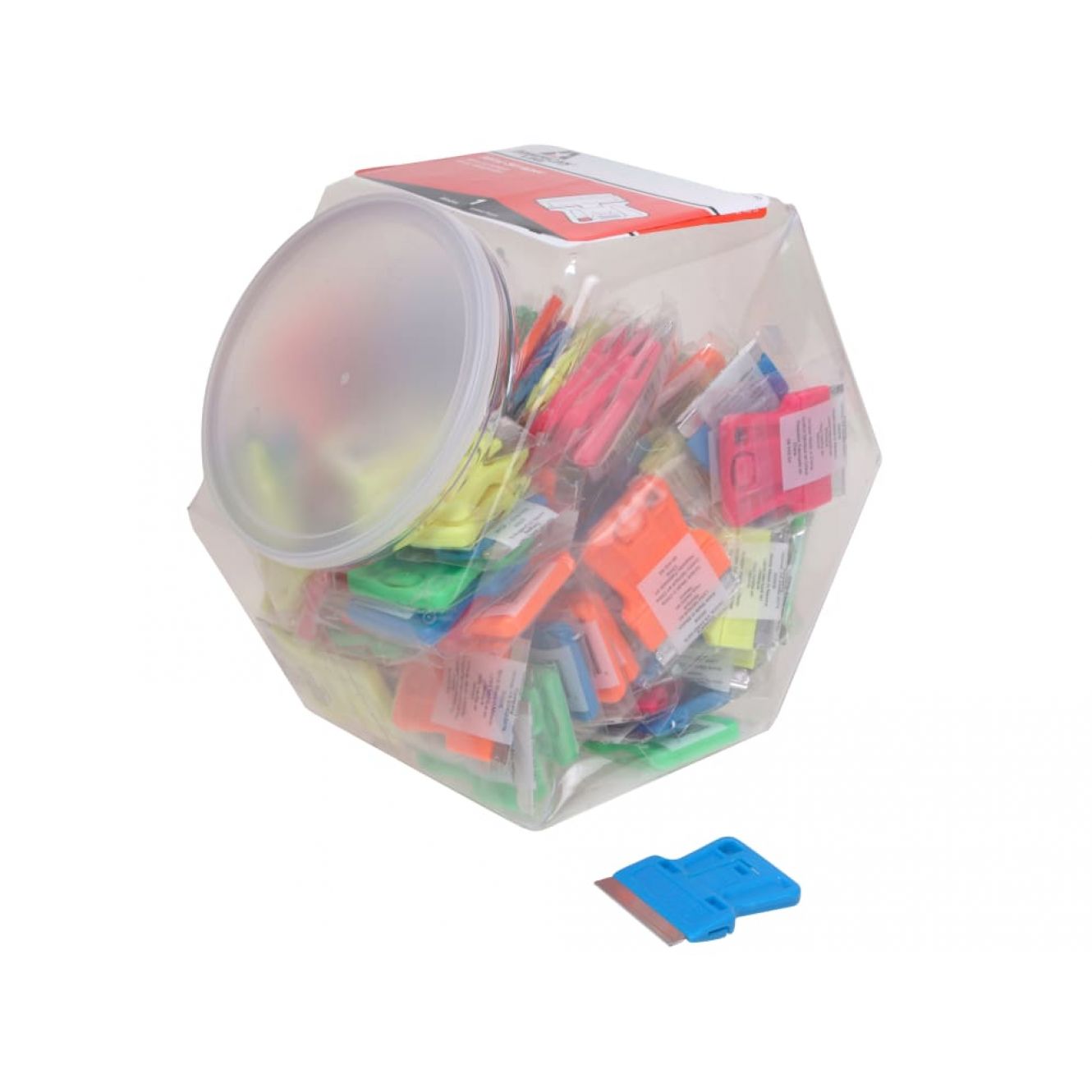 Neon Plastic Mini Scraper Jar of 100 Single Blades PSA660442CJA