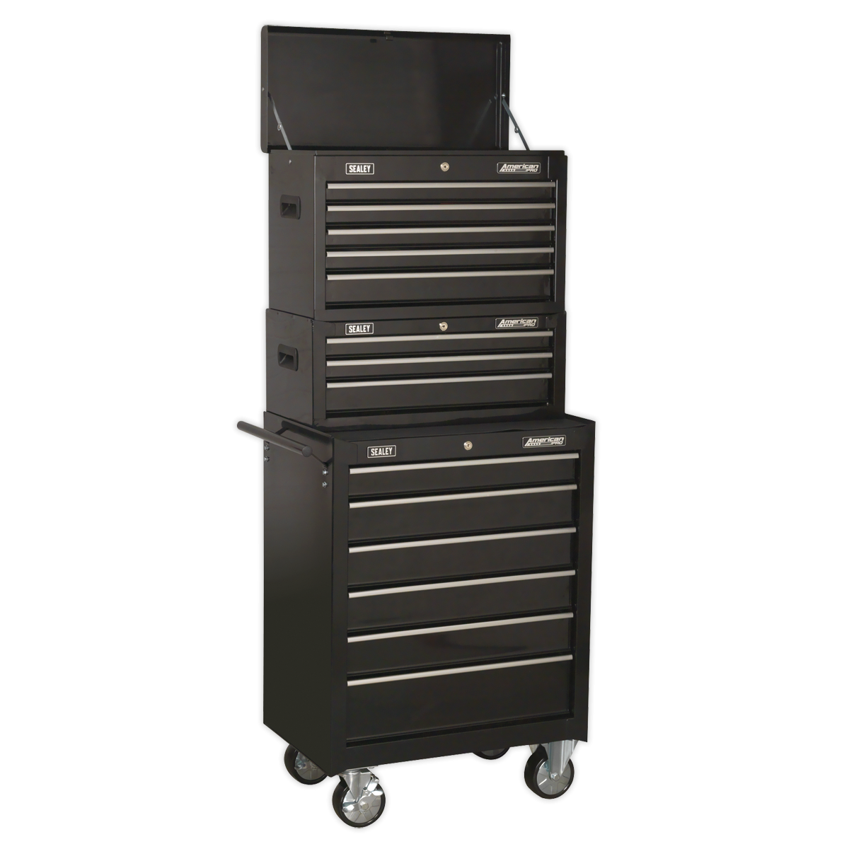 Topchest, Mid-Box & Rollcab 14 Drawer Stack - Black AP22BSTACK