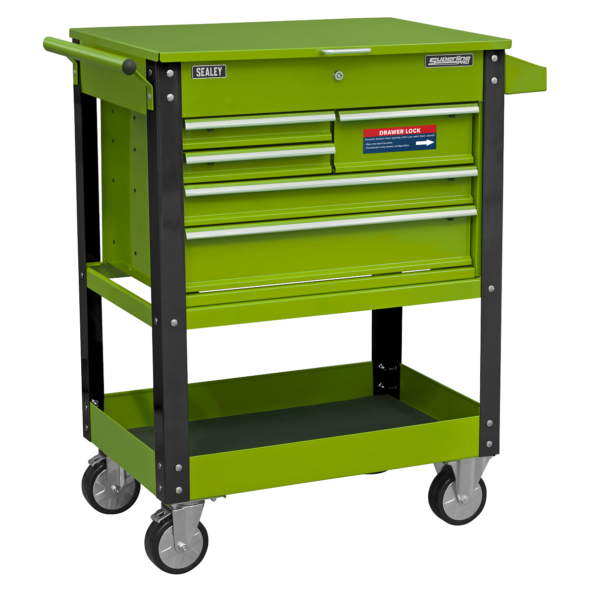 Heavy-Duty Mobile Tool & Parts Trolley with 5 Drawers and Lockable Top- Hi-Vis Green AP890MHV