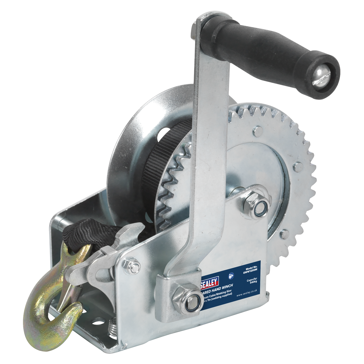 Geared Hand Winch 540kg Capacity with Webbing Strap GWW1200M
