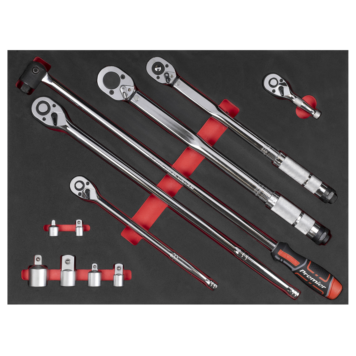 Ratchet, Torque Wrench, Breaker Bar & Socket Adaptor Set with Tool Tray 3/8"Sq & 1/2"Sq Drive 12pc TBT45