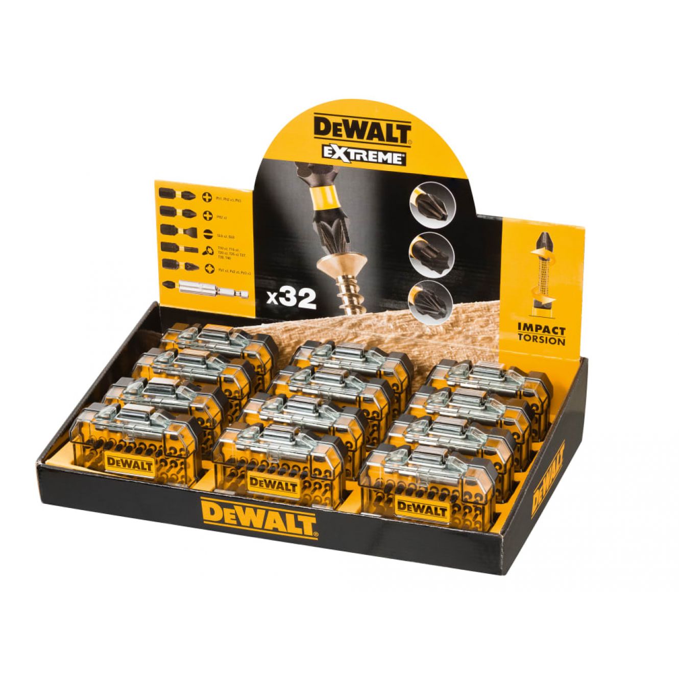 Display of 12 Flex Torque Impact Bit Sets, 32 Piece DEWDT70523IM