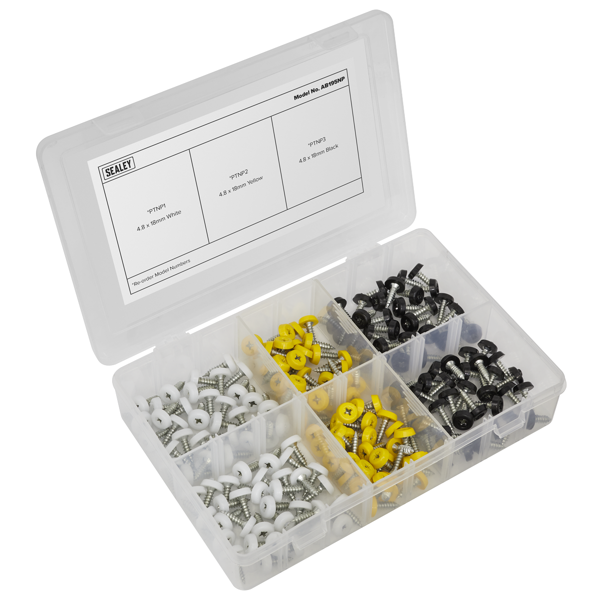 Numberplate Screw Assortment 195pc 4.8mm x 18mm - Plastic Enclosed Head AB195NP