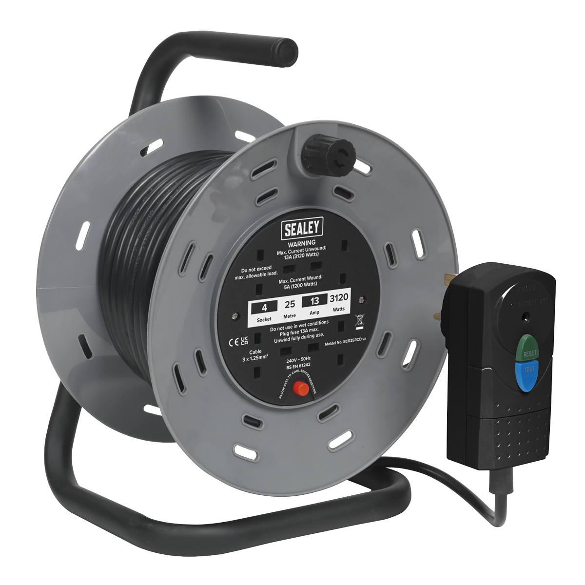 Cable Reel 25m 4 x 230V 1.25mm² Thermal Trip with RCD Plug BCR25RCD