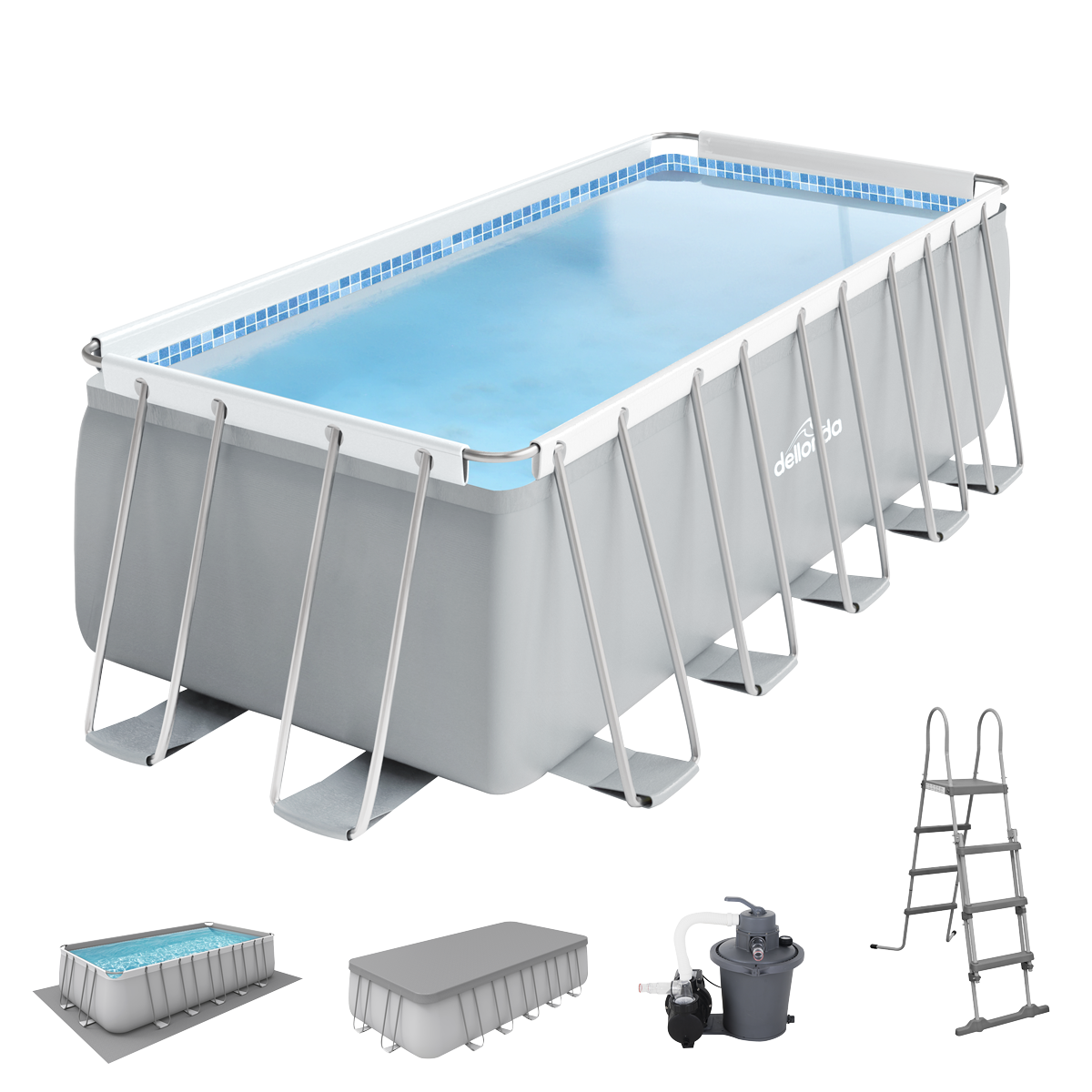 Dellonda 21ft Deluxe Steel Frame Swimming Pool, Rectangular with Step Ladder, Pool and Ground Covers and Filter Sand Pump DL150