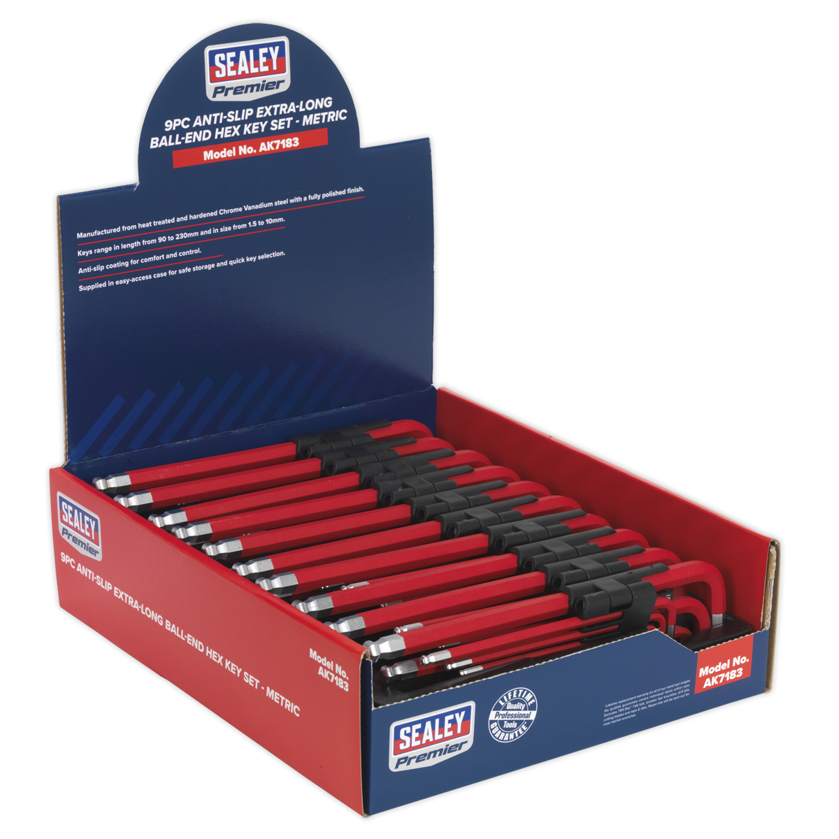 Ball-End Hex Key Set 9pc Extra-Long Anti-Slip Display Box of 10