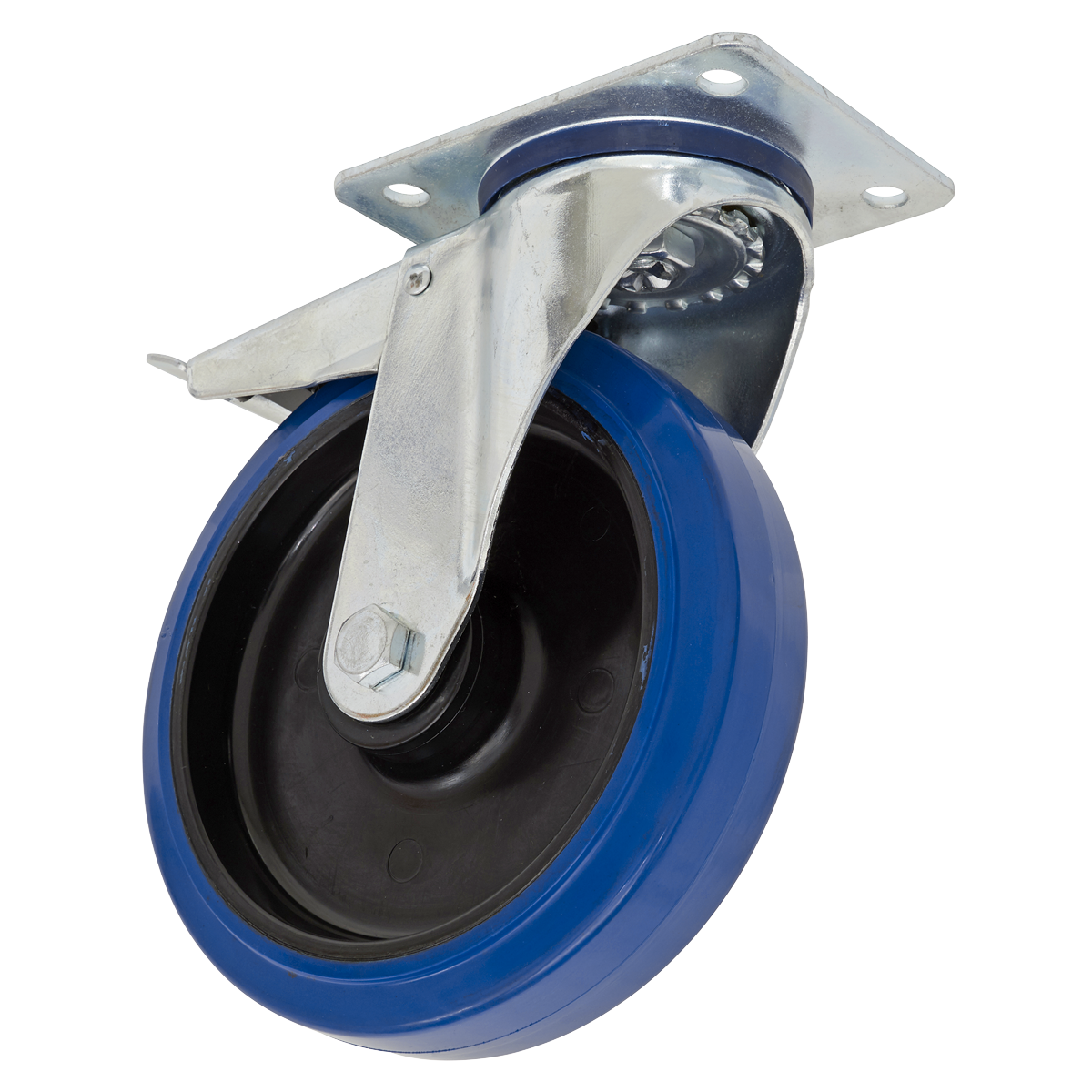 Heavy-Duty Blue Elastic Rubber Swivel Castor Wheel With Total Lock Ø100mm - Trade SCW3100SPLEM