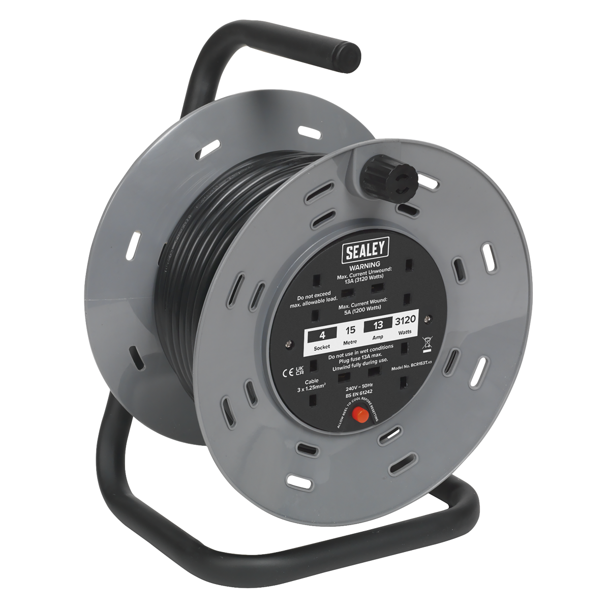 Cable Reel 15m 4 x 230V Thermal Trip BCR153T