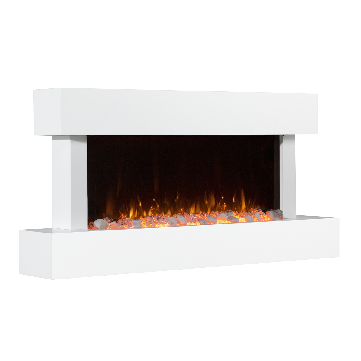 Baridi 46” Wall Mounting 1000W/2000W Electric Fireplace with LED Flame Effects, Side Glass Decoration and Pebble Accessories, White DH113