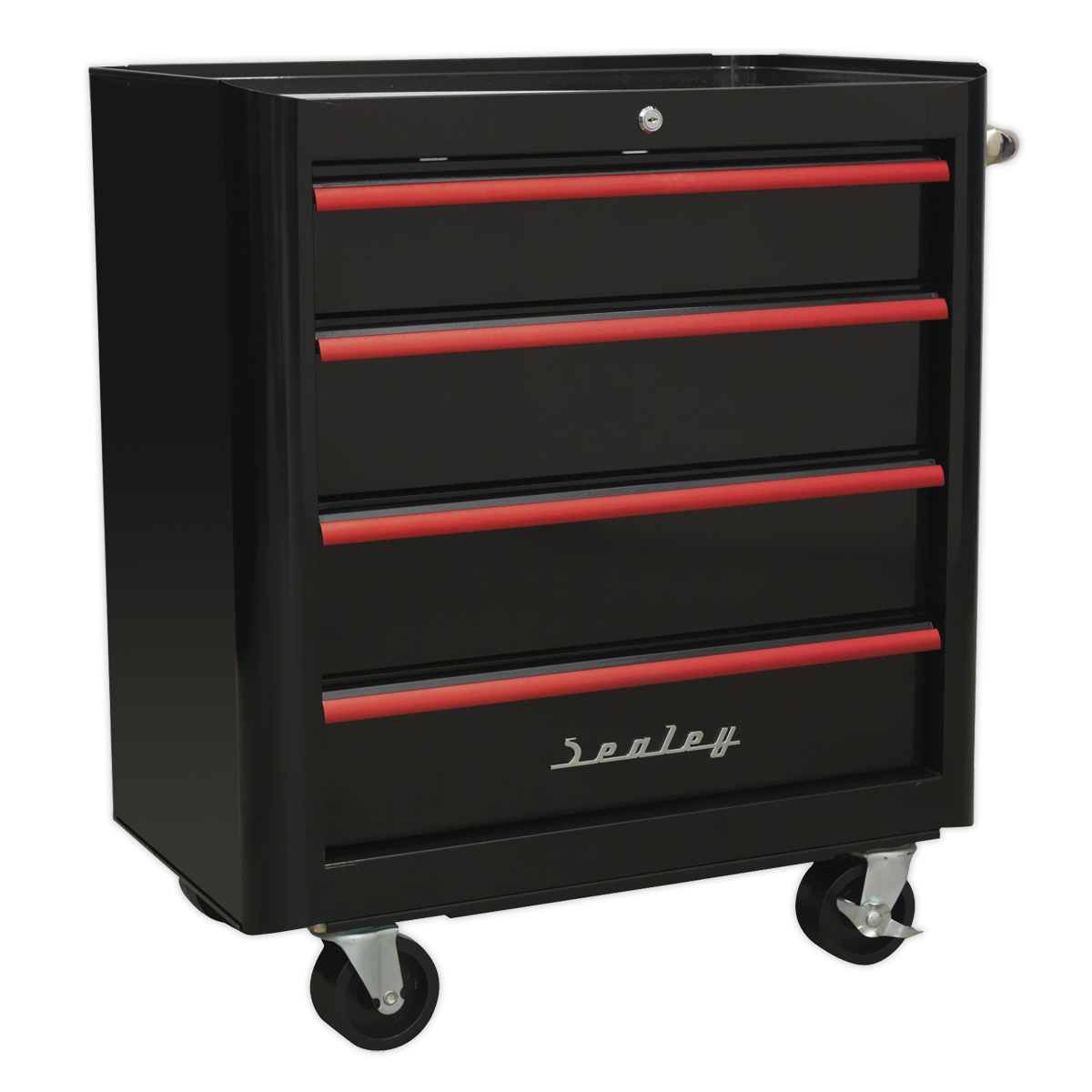 Rollcab 4 Drawer Retro Style- Black with Red Anodised Drawer Pulls AP28204BR