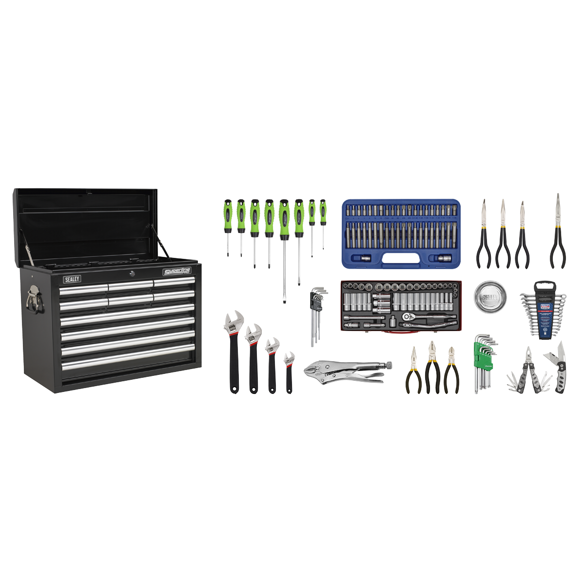 Topchest 10 Drawer with Ball-Bearing Slides - Black & 140pc Tool Kit AP33109BCOMBO