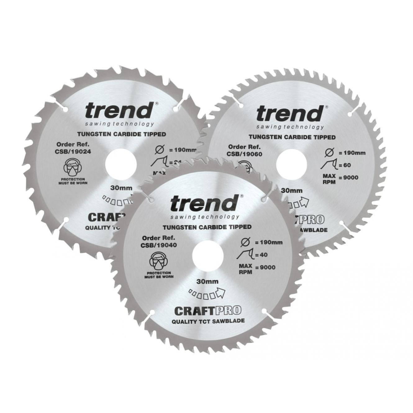 CraftPro Saw Blade 190 x 30mm x 24T/40T/60T (Pack 3) TRECSB190P3