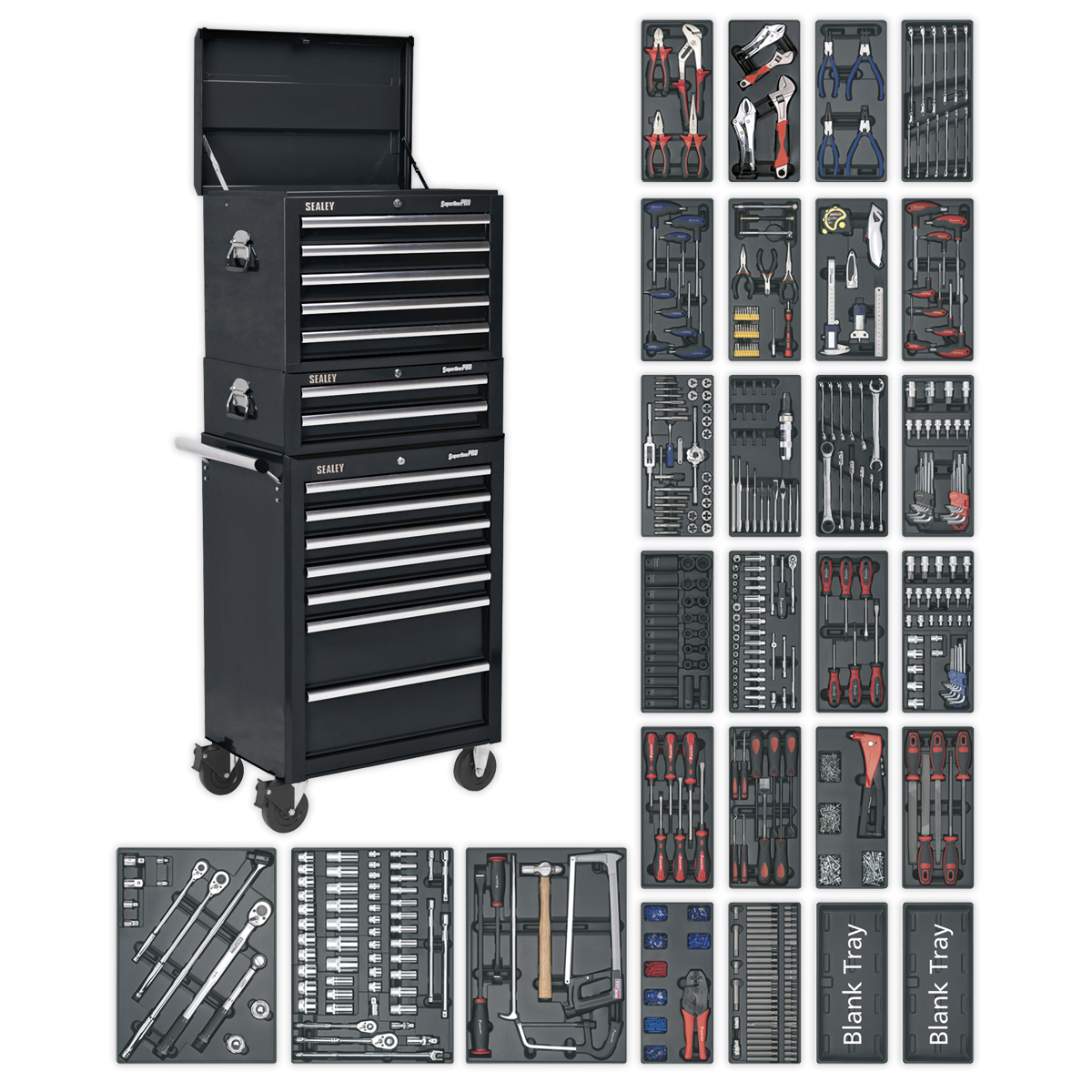 Tool Chest Combination 14 Drawer with Ball-Bearing Slides - Black & 1179pc Tool Kit SPTCOMBO2
