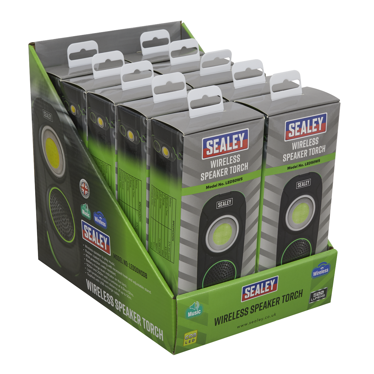 Rechargeable Torch with Wireless Speaker 10W COB LED - Display Box of 10 LED50WSDB