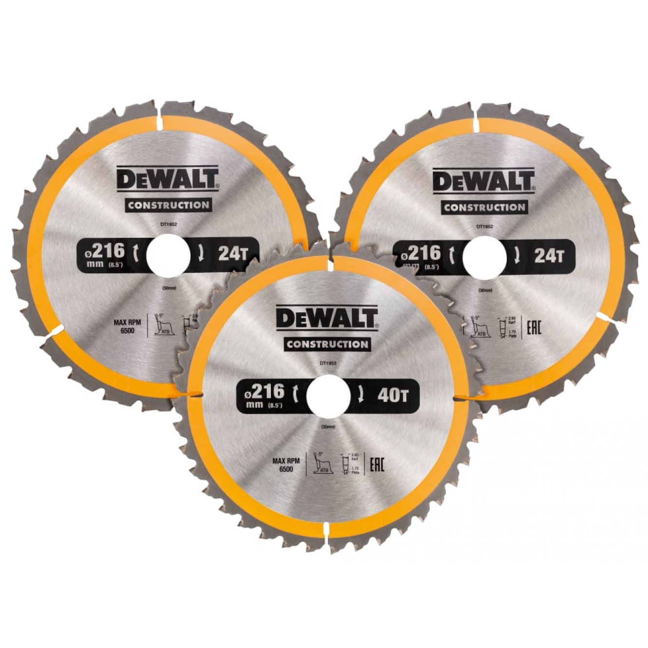 DT1962 Construction Circular Saw Blade 3 Pack 216 x 30mm 2 x 24T 1 x 40T DEWDT1962QZ