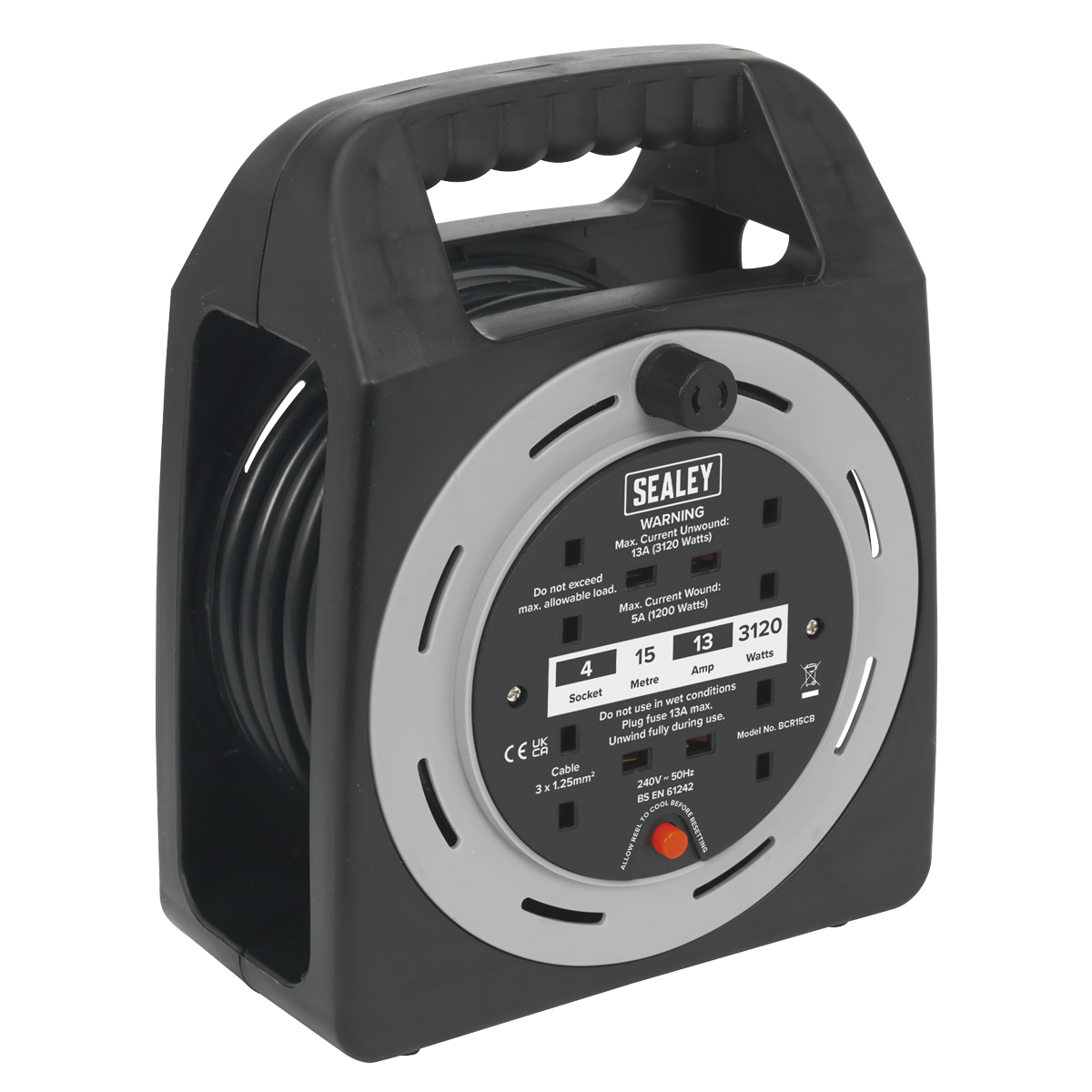 Cable Reel Box Type 15m 4 x 230V 1.25mm² Thermal Trip BCR15CB