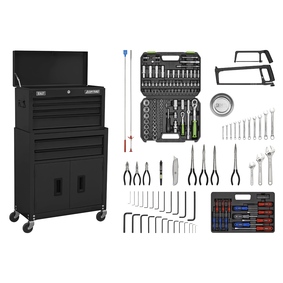 Topchest & Rollcab Combination 6 Drawer with Ball-Bearing Slides - Black & 170pc Tool Kit AP22BKCOMBO