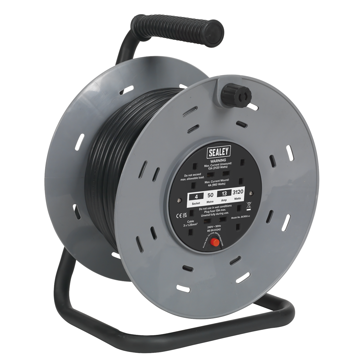 Cable Reel 50m 4 x 230V 1.25mm² Thermal Trip BCR50