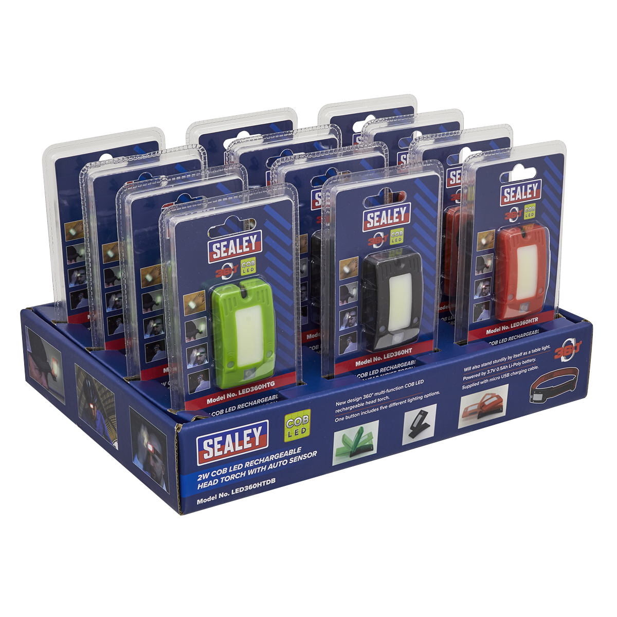 Rechargeable Head Torch Auto-Sensor Black 2W COB LED Display Box of 12 LED360HTDB