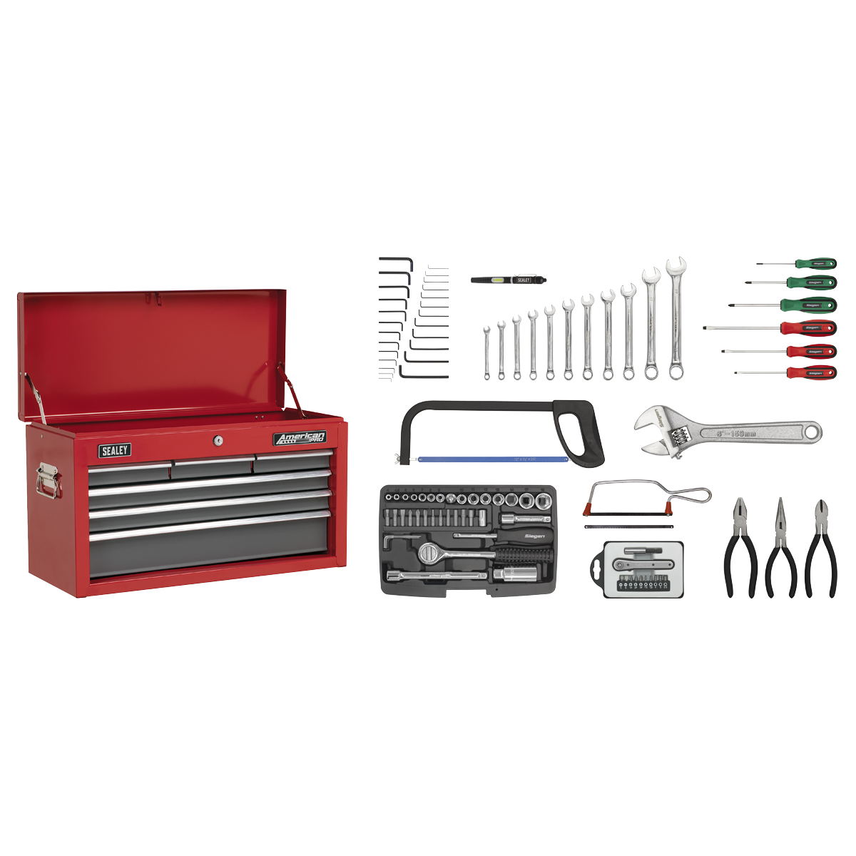Topchest 6 Drawer with Ball-Bearing Slides - Red/Grey & 98pc Tool Kit AP2201BBCOMBO