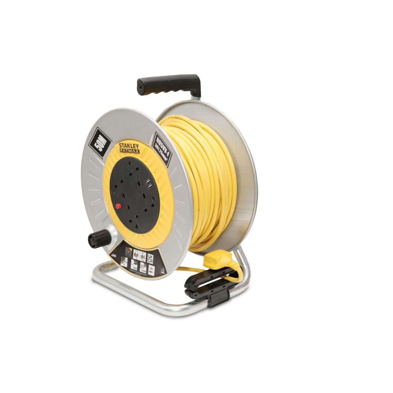 Open Metal Drum Cable Reel 240V 13A 4-Socket + 2 USB