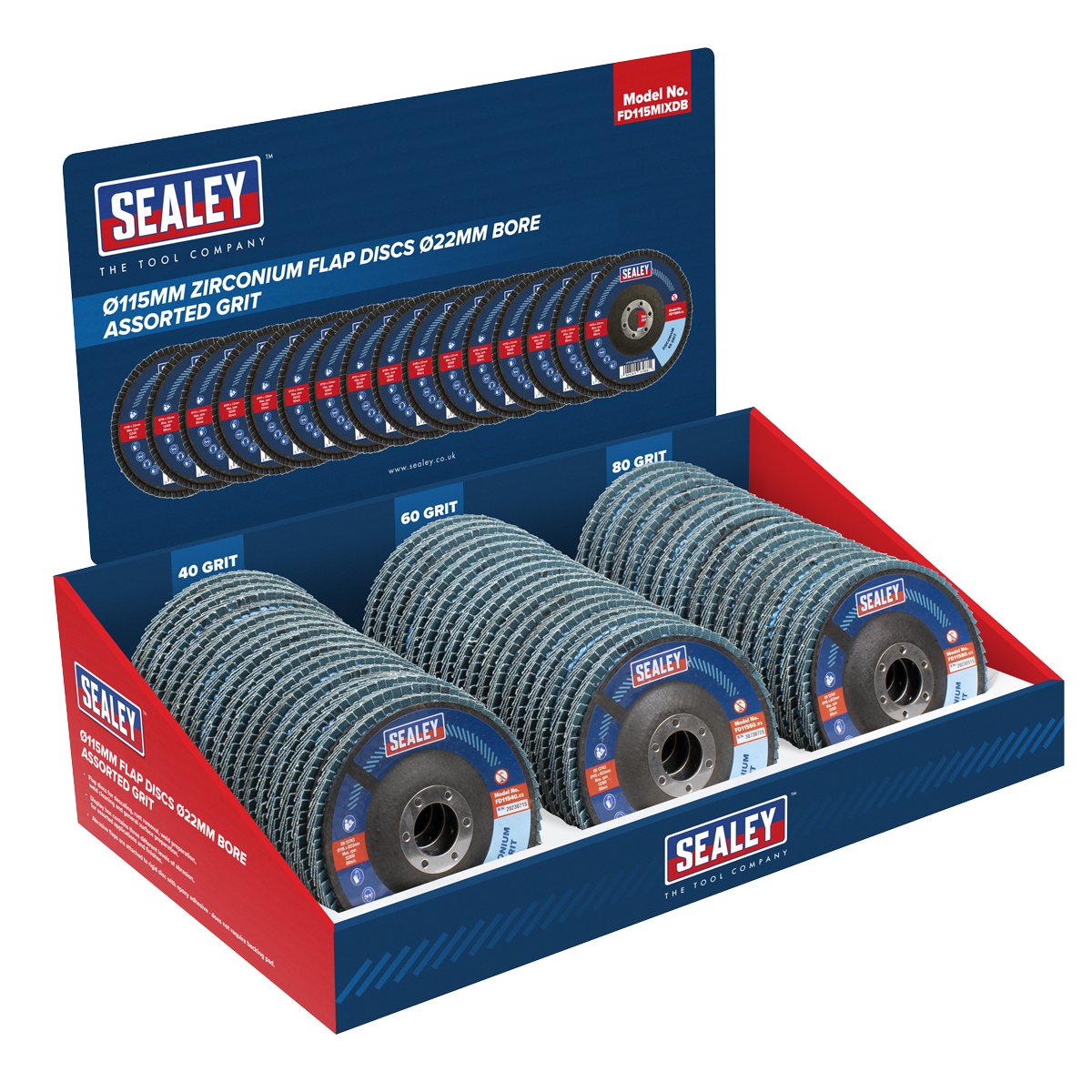 Assorted Grit Flap Discs Zirconium Ø115mm Ø22mm Bore - Display Box of 60 FD115MIXDB