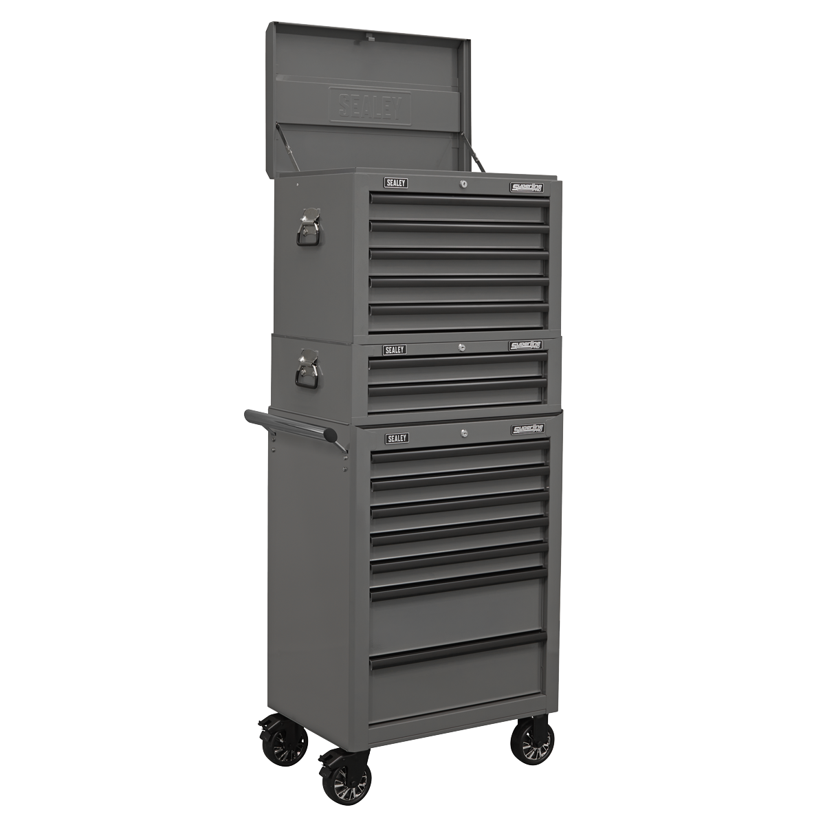 Topchest, Mid-Box & Rollcab Combination 14 Drawer with Ball-Bearing Slides - Grey APSTACKTGR