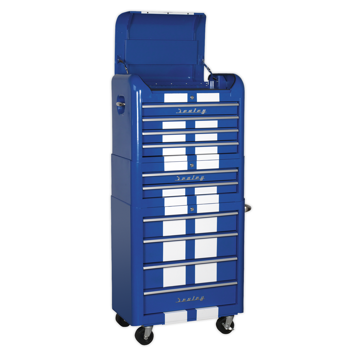 Retro Style Topchest, Mid-Box & Rollcab Combination 10 Drawer Blue/White Stripes AP28COMBO2BWS
