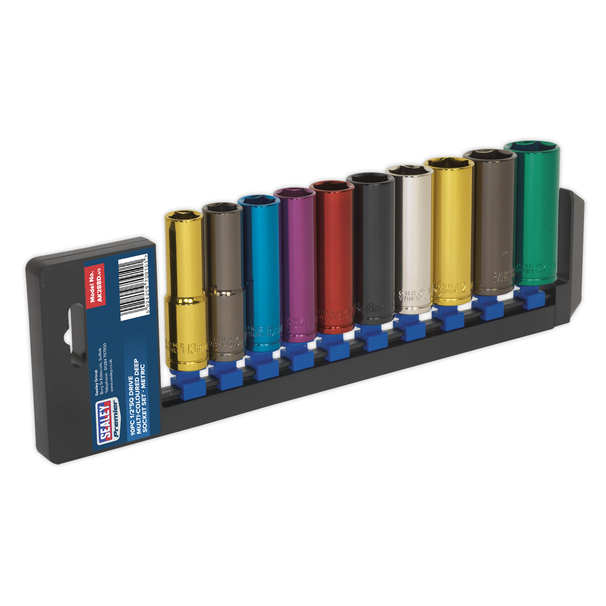 Multi-Coloured Socket Set 10pc 1/2"Sq Drive 6pt Deep WallDrive® Metric AK288D