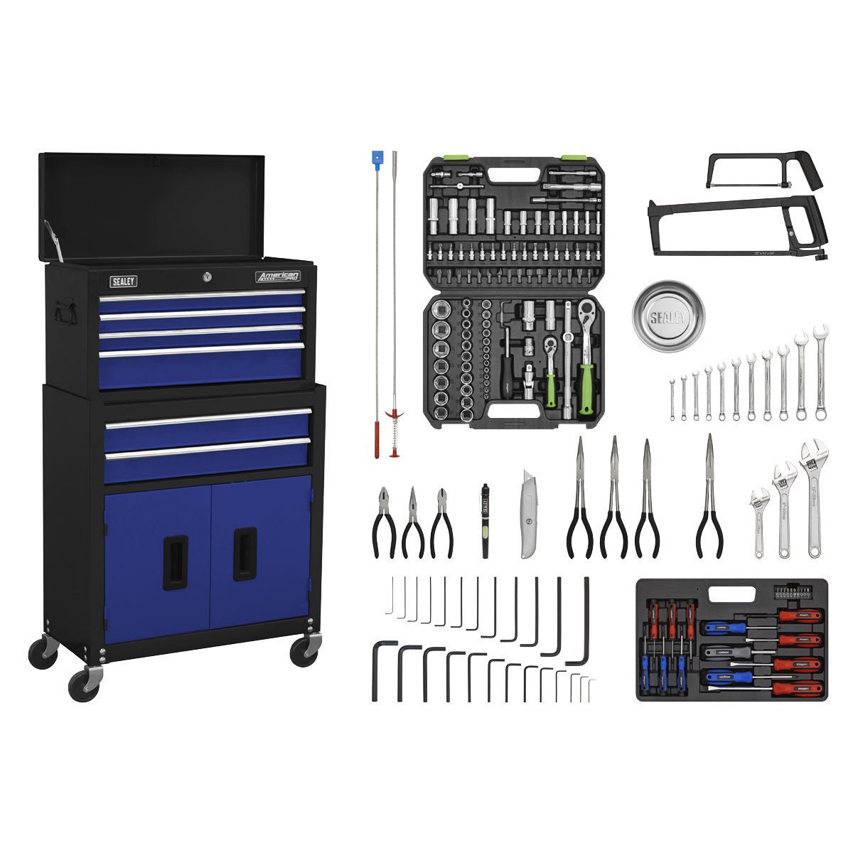 Topchest & Rollcab Combination 6 Drawer with Ball-Bearing Slides - Blue/Black & 170pc Tool Kit AP22BCOMBO