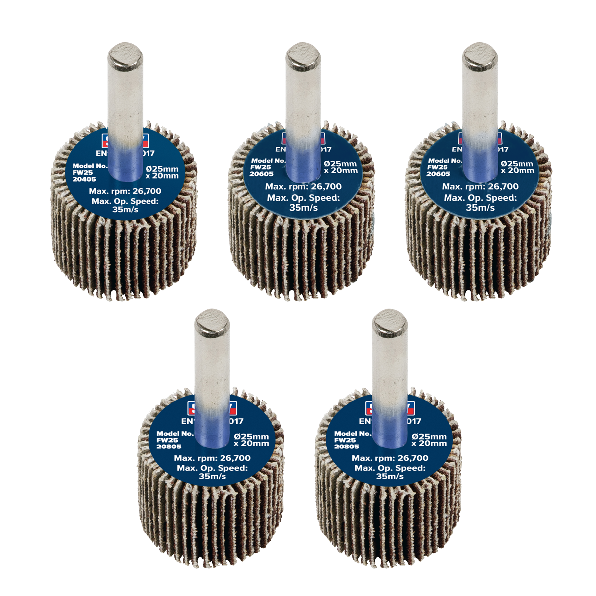 Flap Wheel Ø25 x 20mm Ø6mm Shaft Assorted Grit - Pack of 5 FW2520ASS