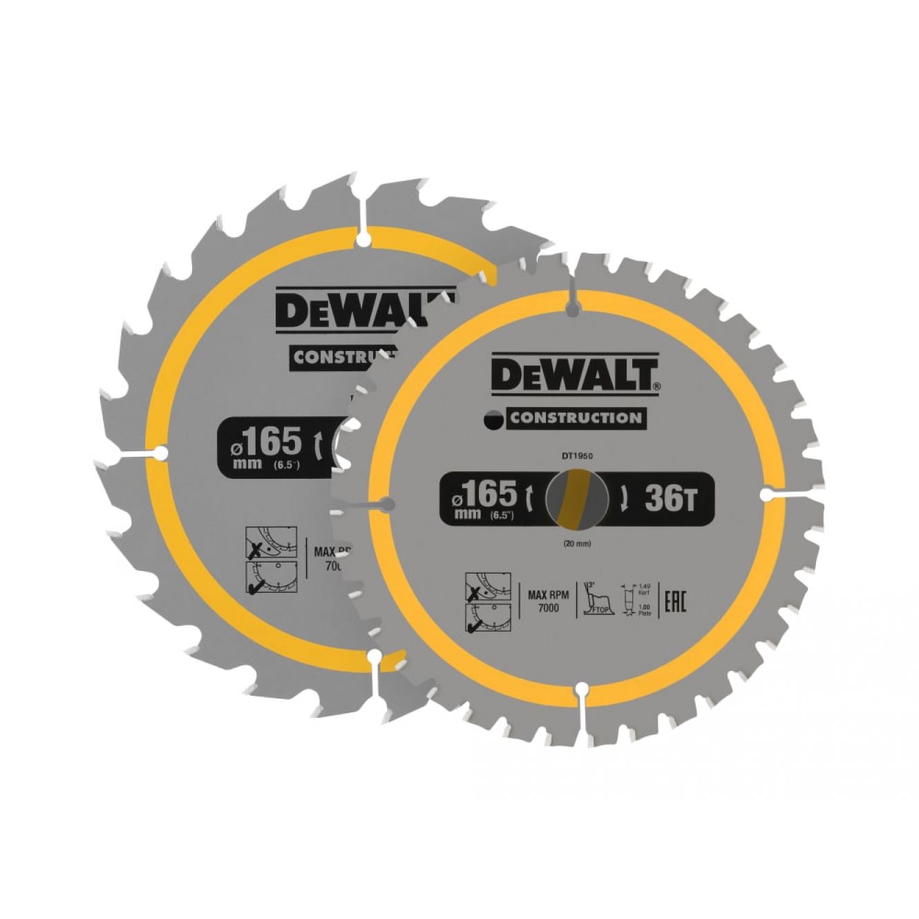 DT90270 Construction Circular Saw Blade 2 Pack 165 x 20mm x 24T/36T DEWDT90270QZ