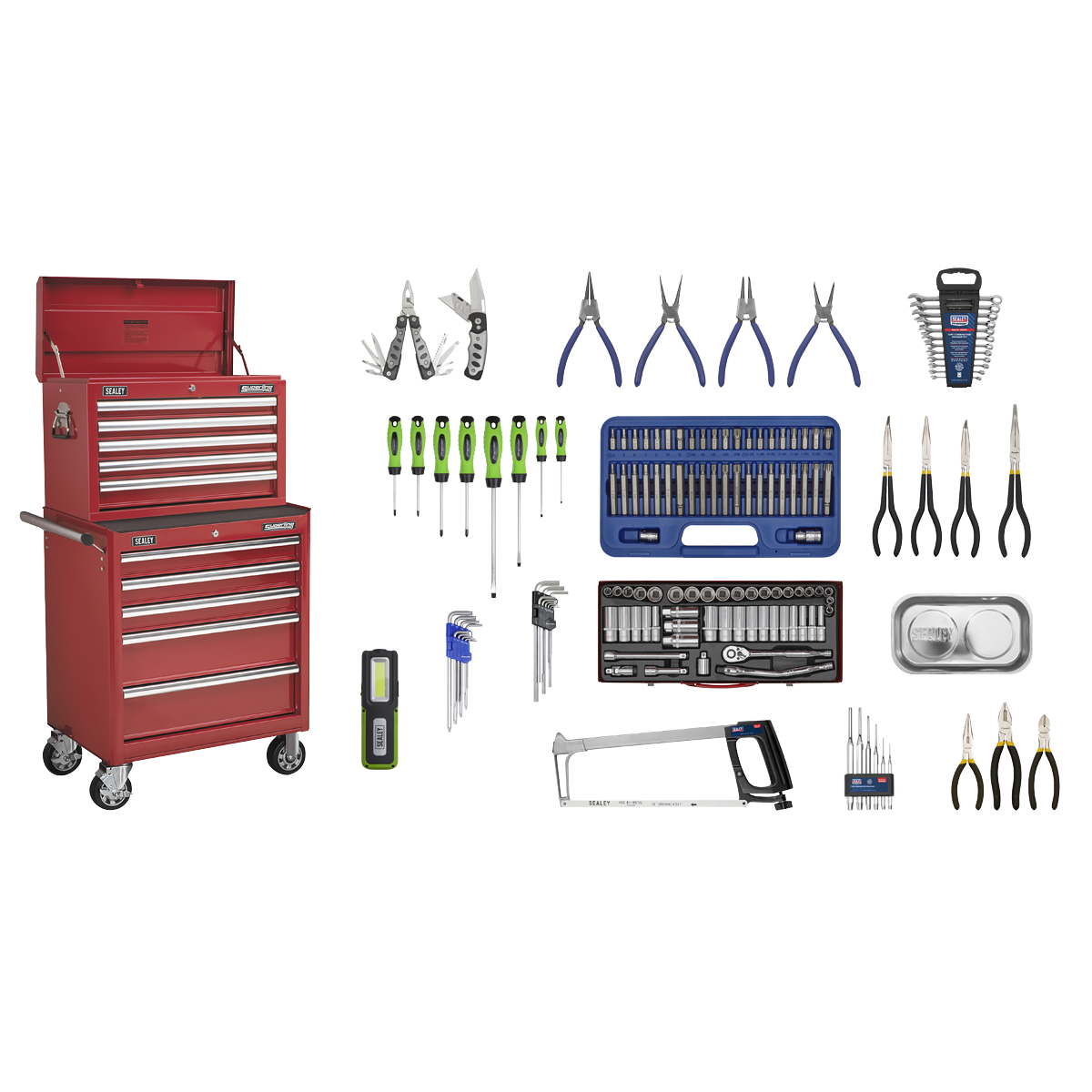 Topchest & Rollcab Combination 10 Drawer with Ball-Bearing Slides - Red & 148pc Tool Kit APCOMBOBBTK55