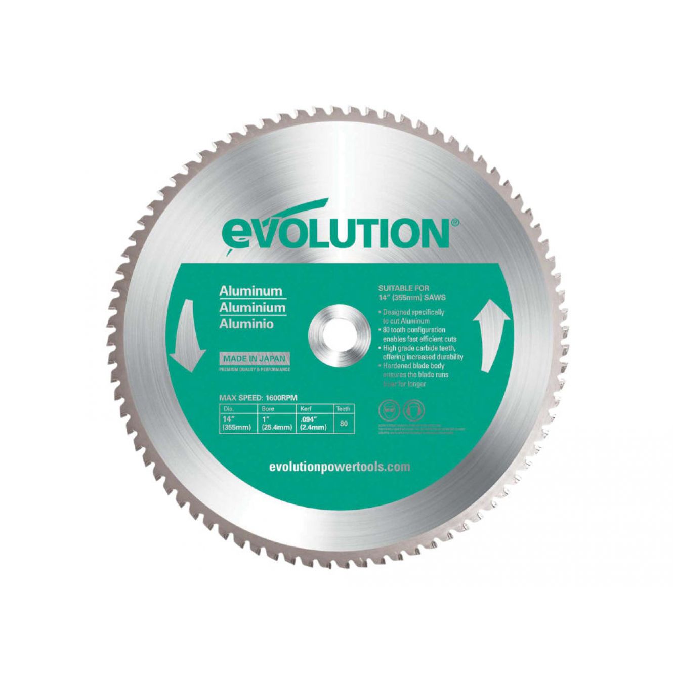 Aluminium Cutting Chop Saw Blade 355 x 25.4mm x 80T EVLRP3552580