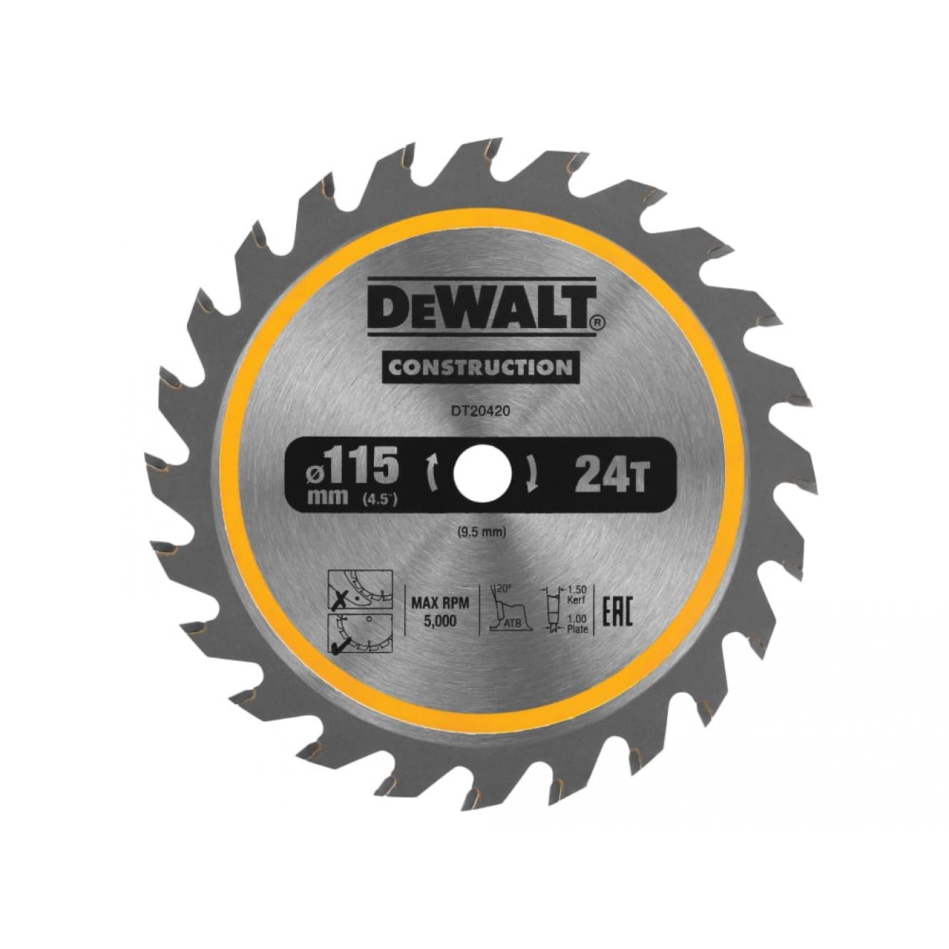DT20420 TCT Construction Circular Saw Blade 115 x 9.5mm x 24T DEWDT20420QZ