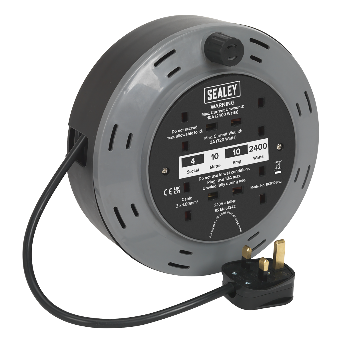 Cassette Type Cable Reel 10m 4 x 230V 1.00mm² Thermal Trip BCR10B
